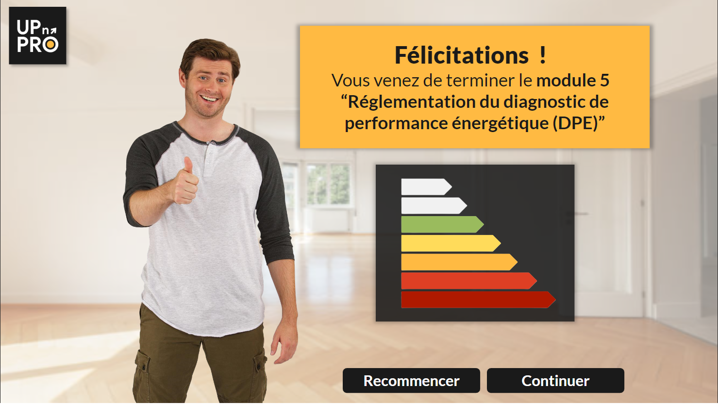 Screen de la formation initiale DPE Up n'PRO - elearning (module 5 terminé)