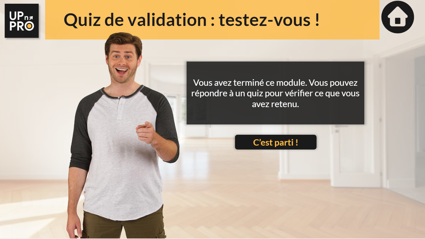 Screen de la formation initiale DPE Up n'PRO - elearning (quiz de validation des acquis)