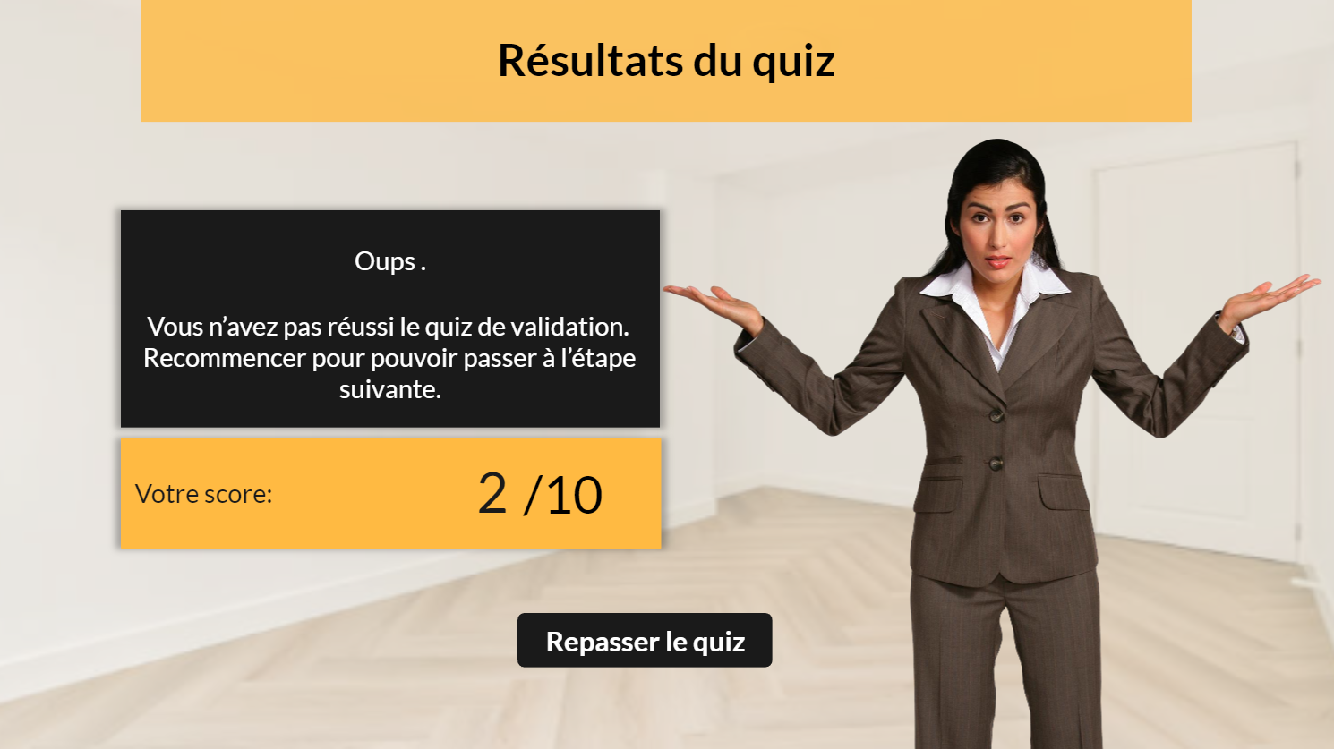 Screen de la formation initiale DPE Up n'PRO - elearning (résultat quiz de validation des acquis)